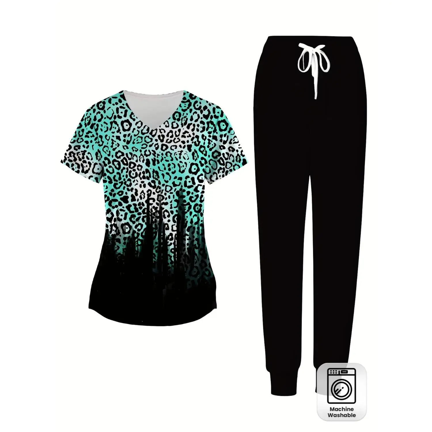 Teal & Black Leopard Print V-Neck Plus Size Women's Scrub Set - Short Sleeve Top and Long Pants with Pockets - Comfortable Machine Washable Healthcare or Casual Outfit (2-Piece)
