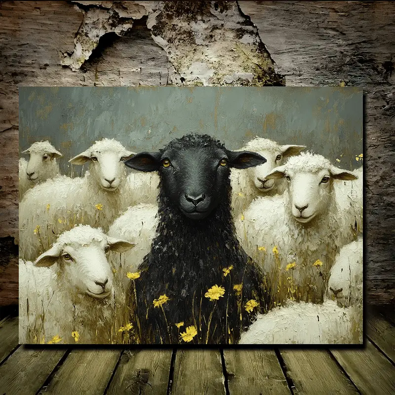 12x16in Wood-Framed Grass Field Sheep Scene Oil Printing Canvas Wall Art - Artistic Black Sheep Accent, Wide Shot, Detailed Plant Design, Home Decor Wall Decoration, 12*16Inch, Animals