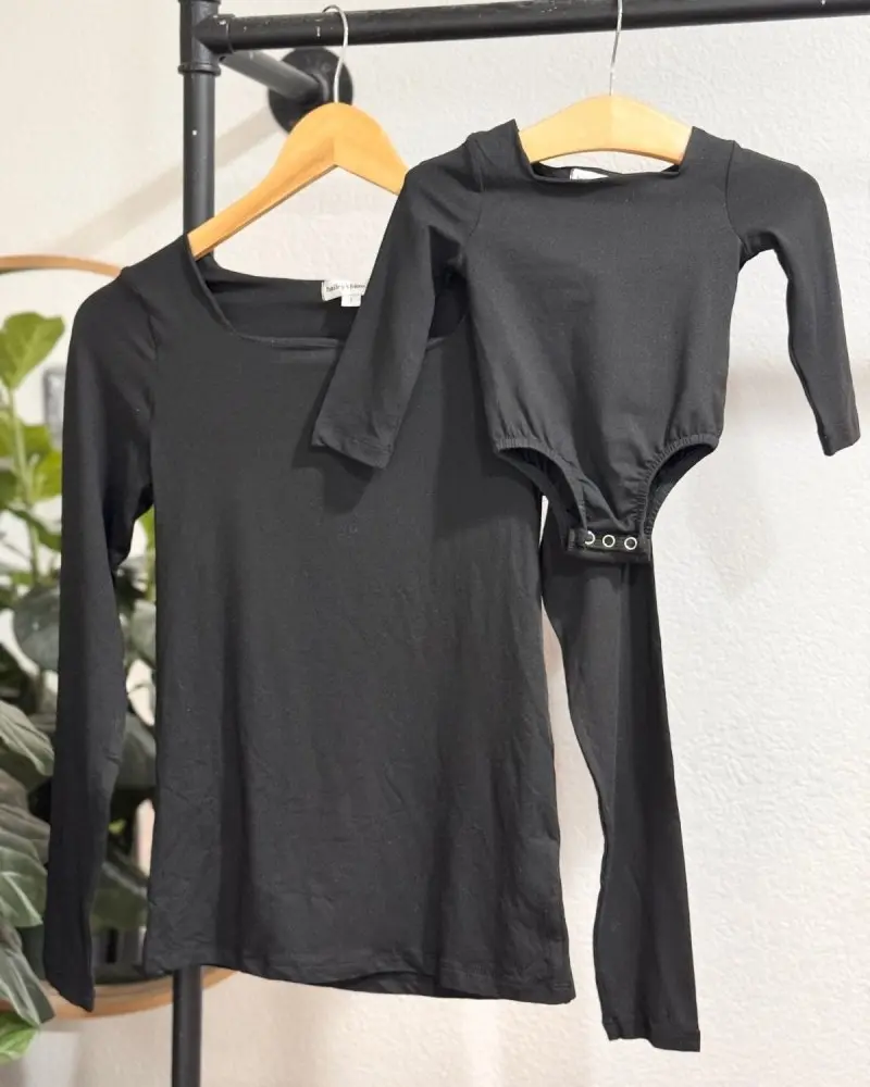 Mommy and Me Long Sleeve Top & Baby Girl Leotard | Lilith Square Neck Top & Leotard Black | Matching Mom and Daughter Outfit for Layering & Everyday Wear