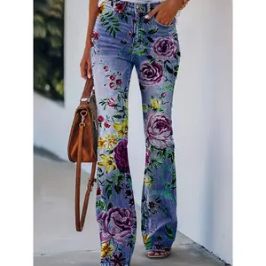Women's Floral Print Flared Bell Bottom Jeans - Vibrant Multicolor Flowers on Light Blue, Stretch Denim Bootcut Trousers for Streetwear & Casual Outfits, All-Season Comfort, Fashionforward Clothing