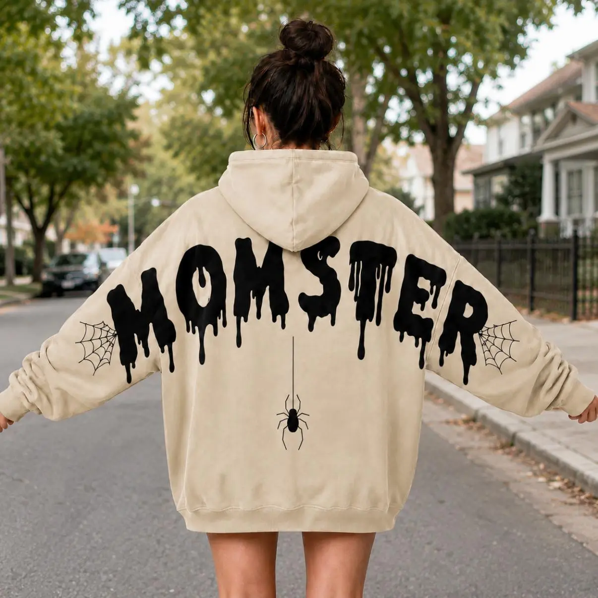 Momster Halloween Shoulder-to-Shoulder Back Lettering Sweatshirt Hoodie, Spooky Mom Spider Web Graphic Sweatshirt, Oversized Pullover, Cute Horror Fall Outfit