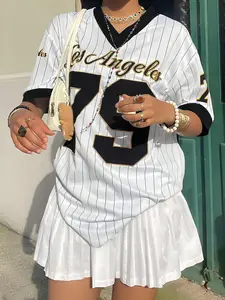 Women's Sporty Letter & Numeric Print Striped Raglan Loose Ringer T-Shirt, Summer Graphic Tees Women Tops