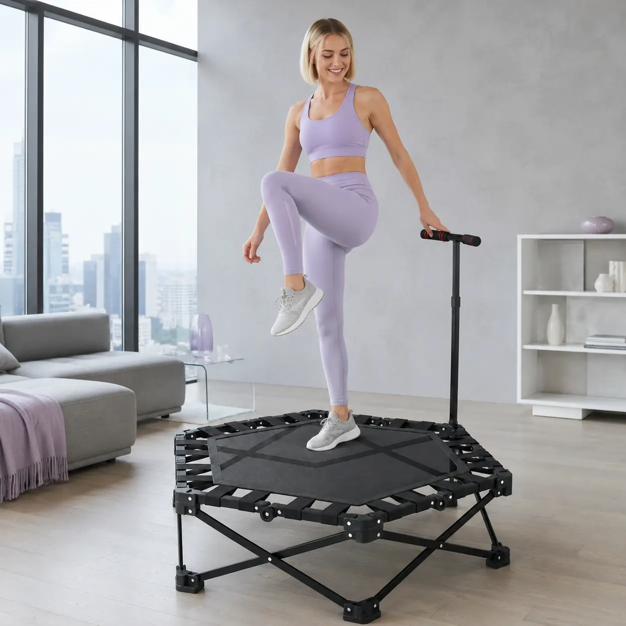 OUTROAD 42‑Inch Lightweight Sturdy Foldable Mini Trampoline Rebounder for Adults, Safe Comfortable Adjustable Foam Handrail, Space‑Saving Durable Portable Indoor Home Gym Cardio Full‑Body Workout Fitness Equipment, Black