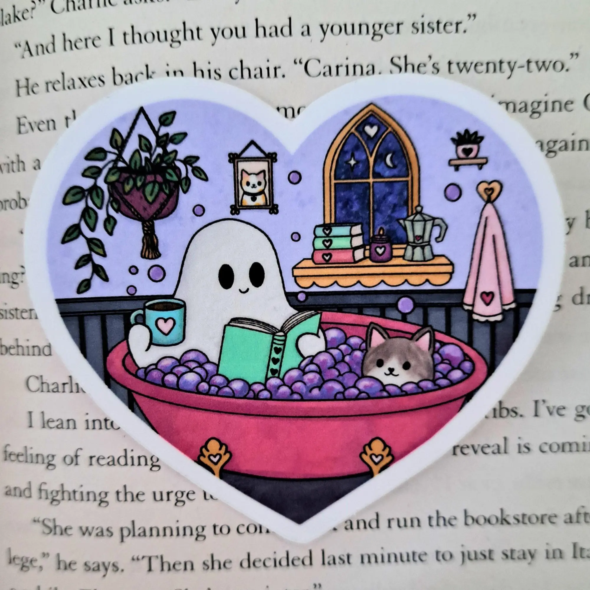 Ghost Cat Reading Sticker | Hand-drawn Heart Shaped Bookish Ghost with Cat in Bathtub, Cozy Spooky Halloween Ereader Waterproof Vinyl Decal