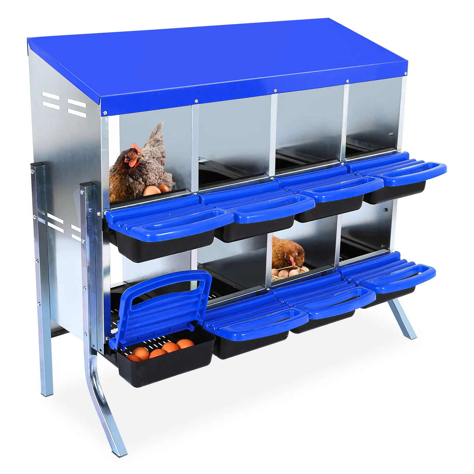 YJ-Garvee Roll Away Metal Chicken Nesting Boxes for Coop, 6/8/10-Compartment Galvanized Steel Laying Box, Ventilated with Removable Lid & Easy Egg Collection/Cleaning - Blue/Orange