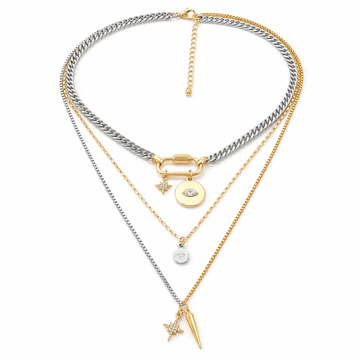Women's 3-Layer Mixed Metal Necklace with Carabiner Centerpiece, Gold & Silver Tone Celestial Charms, Adjustable Statement Piece for Casual Wear, Statement Pieces, Adjustable Size, Layered Chains, Metal Coating, Daily, Eye, Chain & Link
