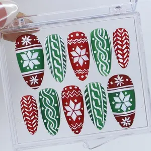 Christmas Sweater Press On Nails | Red & Green Knit Design | Snowflake Fake Nails in Medium Almond | Handmade Nail Art For Holiday, Birthday