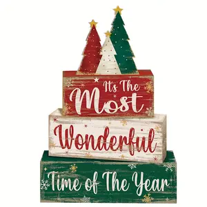 4count Christmas Table Centerpiece Christmas Tree, "Happy New Year" In English, Christmas Tiered Tray Decoration Set, Wooden, Rustic Cute Tablep Decor, Holiday Home Accessories, Suitable For Dining Tables Fireplaces Coffee Corners Office Ornaments White