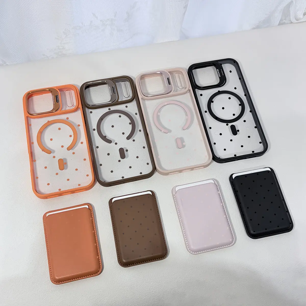 Polka Dots Shockproof MagSafe Case For iPhone 17 Pro Max 16 14 13 12 Camera Lens Protection Cover with Stand Lens Bracket Magnetic & Mag safe Wallet Stand