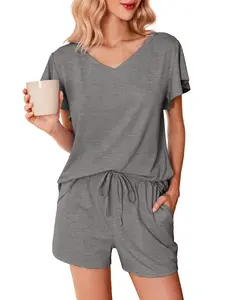 EKOUAER Women's Breathable Comfort Cute Set Ruffle Sleeves  V Neck Comfy 2 Pack Set with Pockets S-XXL