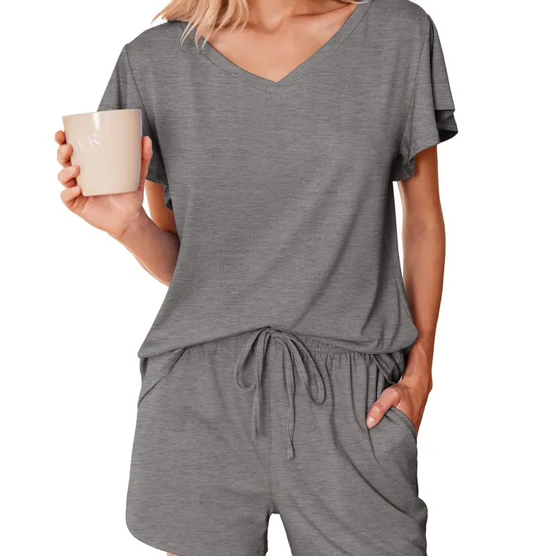 Ekouaer Women's 2-Piece Casual Nightwear & Loungewear Set - V-Neck Ruffled Sleeve Top, Pocketed Shorts, Soft Comfy Breathable Lightweight Spandex Fabric, Multi-Size Options (Check Size Chart)