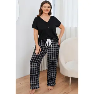Plus Size V-Neck Top and Plaid Pants Lounge Set