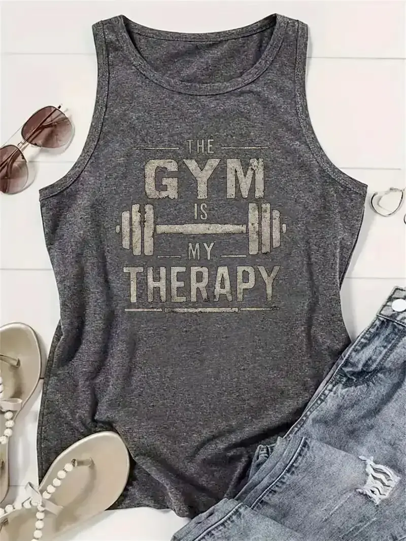 "The Gym Is My Therapy" Dumbbell Graphic Tank Top,summerwins
