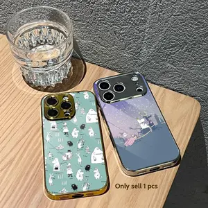 Cartoon-Anime-M-Moomins-Hippo Phone Case For iPhone 17 16 15 14 13 12 Pro Max Plus Electroplated Metal Bumper Case Slim Tempered Glass Back Advanced Materials Shockproof Anti-Scratch Luxury Case Fashion Durable Stylish