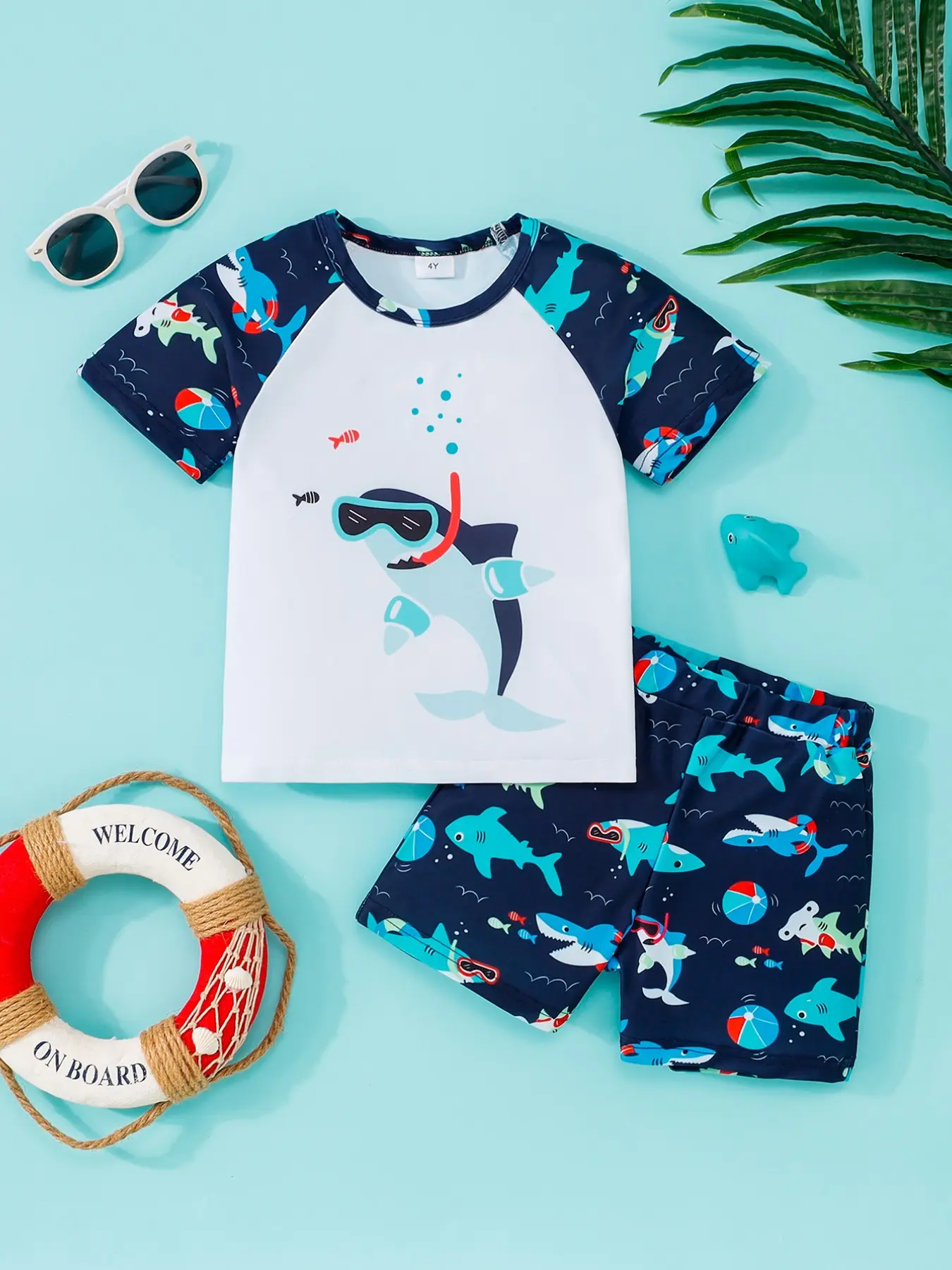 Boys' Cartoon Shark Print Two-Piece Swimsuit, Quick-Dry Breathable Design, Casual Fun Style, Suitable for 2-7 Years Summer Swimming Beach Vacation, Toddler Bathing Suits