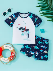 Boys' Cartoon Shark Print Two-Piece Swimsuit, Swimwear Outfits, Quick-Dry Breathable Design, Casual Fun Style, Suitable for 2-7 Years Summer Swimming Beach Vacation