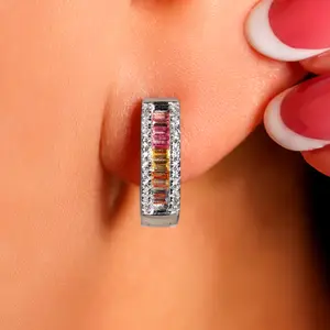 18K White Gold Plated Eternity Hoop Earrings - Sterling Silver - Rainbow Gemstones & Simulated Diamonds - Made in Italy - Gift for Her