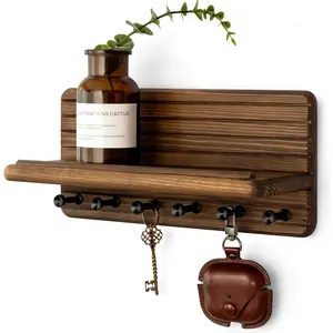 Farmhouse Key Holder Wall Mount for Home Decor - Decorative Pine Wooden Key Holder for Wall with 6 Hooks & Floating Shelf - Rustic Charm for Room Decor Aesthetic (Brown)