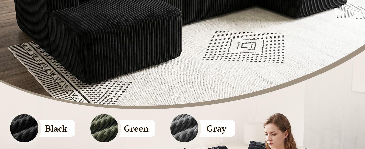 [2-3Packages] Niccae 132-Inch U-Shaped Memory Foam Sectional Sofa — An oversized modular design offering "cloud-like" comfort; features deep seating and compressed corduroy fabric, combining space-saving capabilities with a convertible sleeper function.