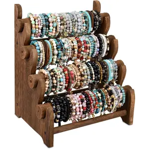Antique Wooden 4 Tier Jewelry Bracelet Display Stand Bangle Scrunchie Organizer Holder for Store, Showcase and Home Storage, 12 W x 9 D x 14 H in, Brown Color