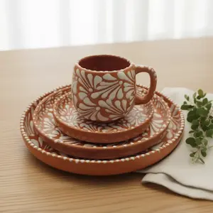 Handcrafted Talavera Dinnerware Set | Brown & White 4-Piece