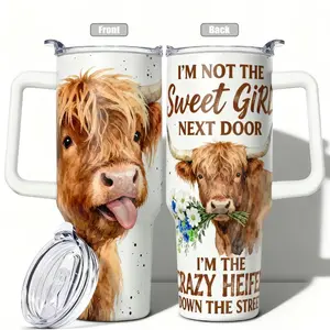 [Made in US] 1pc 40oz 20oz Stainless Steel Cup Highland Cow Watercolor Double Wall Vacuum Insulated Cup, Leakproof Lid & Carry Handle Travel Mug Tumbler for Outdoor Camping Hiking, Insulated Travel Drinkware Gift for Dad, Mom, Bro