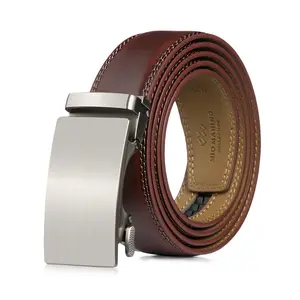 Mio Marino Ratchet Belt for Men - Genuine Leather Brushed Metal Buckle-Adjustable Length-No Holes Needed