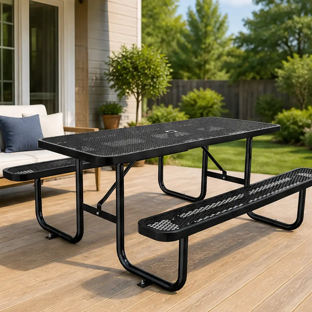 ARCH 6FT Heavy Duty Black Stainless Steel Modern Patio Combo - Commercial Restaurant Furniture, Sturdy Double-Sided Mesh, Umbrella Hole, 162 lb Capacity, 162.04 lb Weight, Durable Garden Alternative to Sit-Down Tables