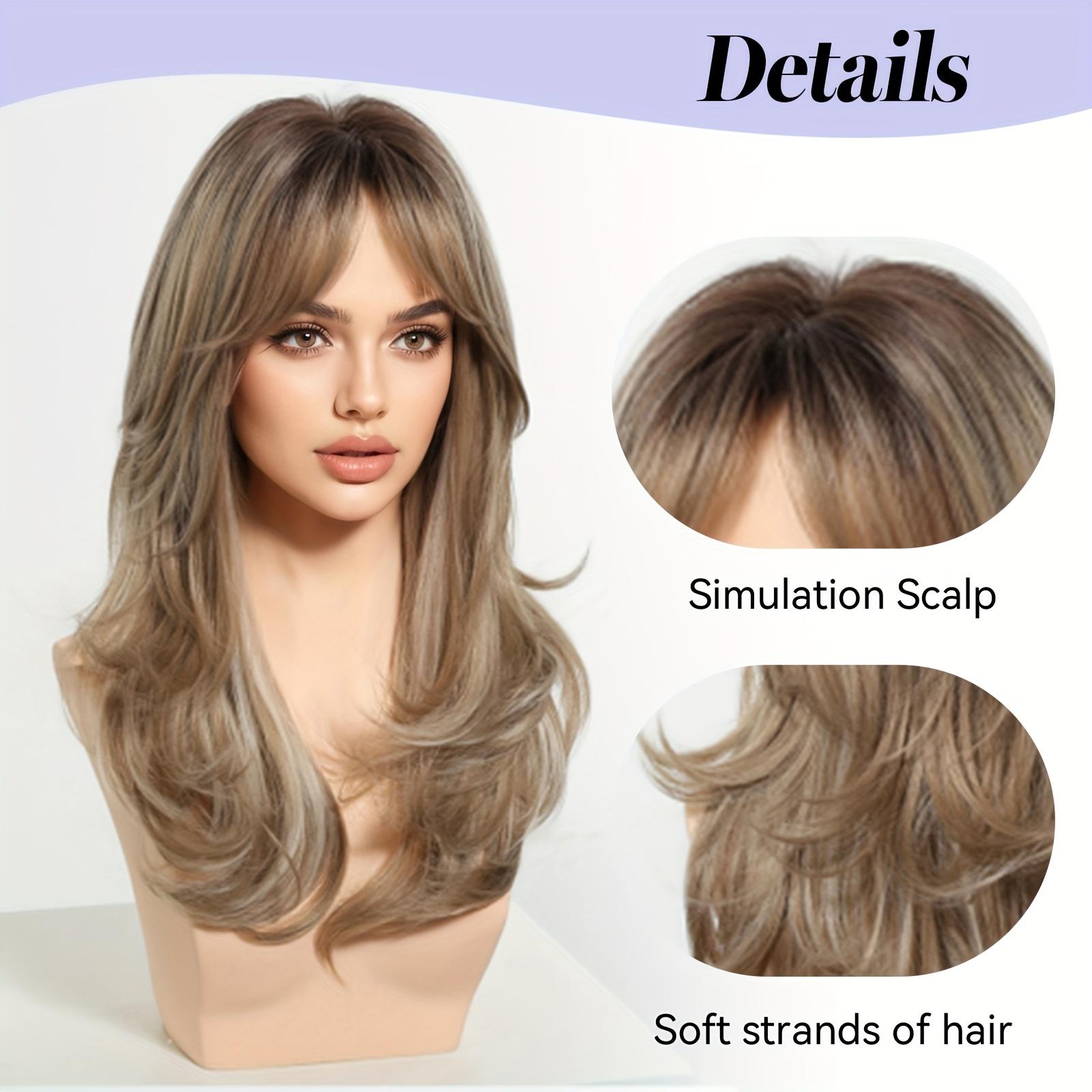 22-inch Mixed-color Wavy Straight Bangs Curly Synthetic Fiber Machine-made Rose Net Wig, Suitable for Fashionable Women for Daily Life, Dates, Various Parties, Music Festivals, Halloween Costumes, Stage Performances, and Props