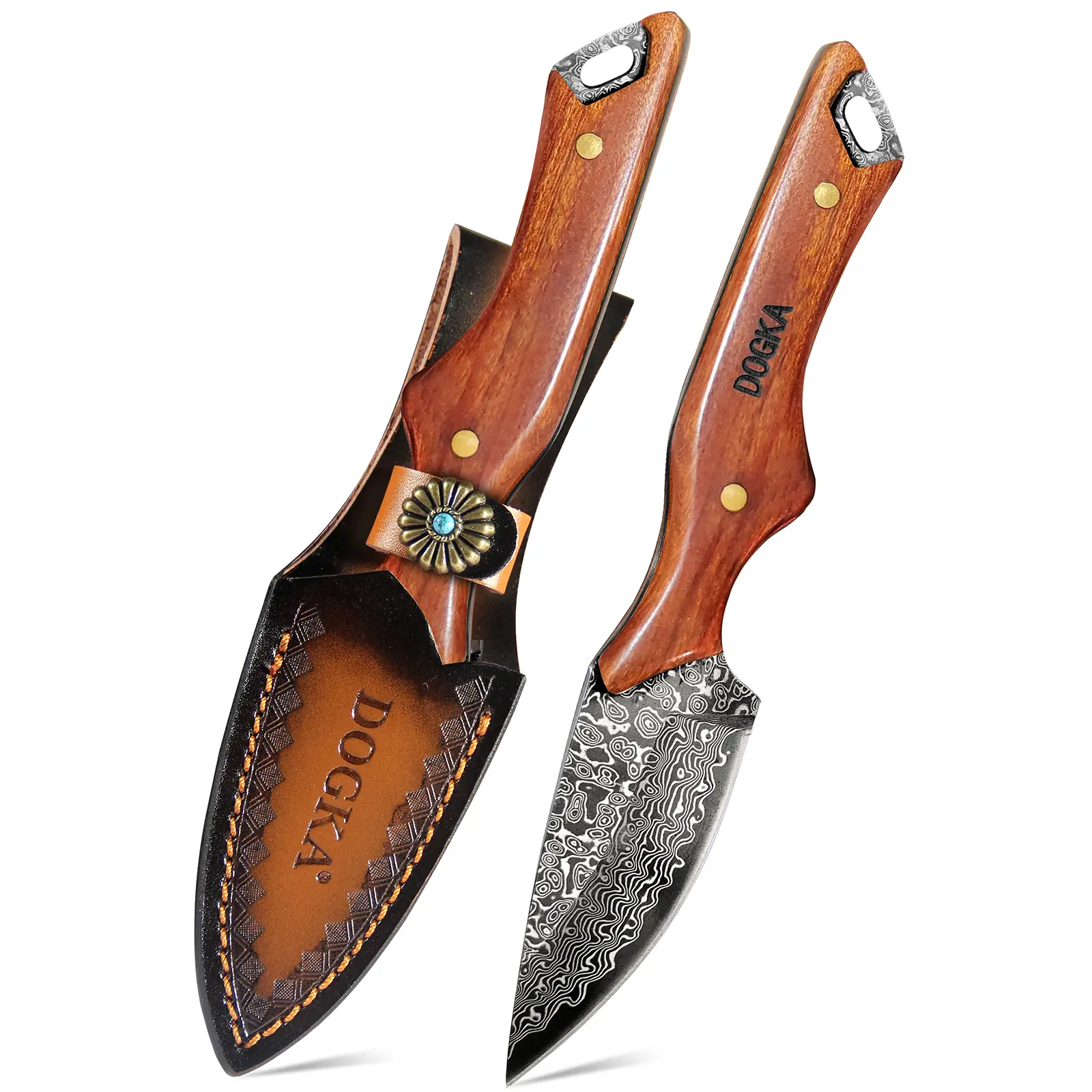 Classic Outdoor Knife, 18.5cm Damascus Pattern Blade, Non-Slip Birch Wood Grip, Compact Rugged Design, Leather Sheath Included, Unique Men’s Gift for Hiking & Camping, Secure Hold, Outdoor Sports Knives