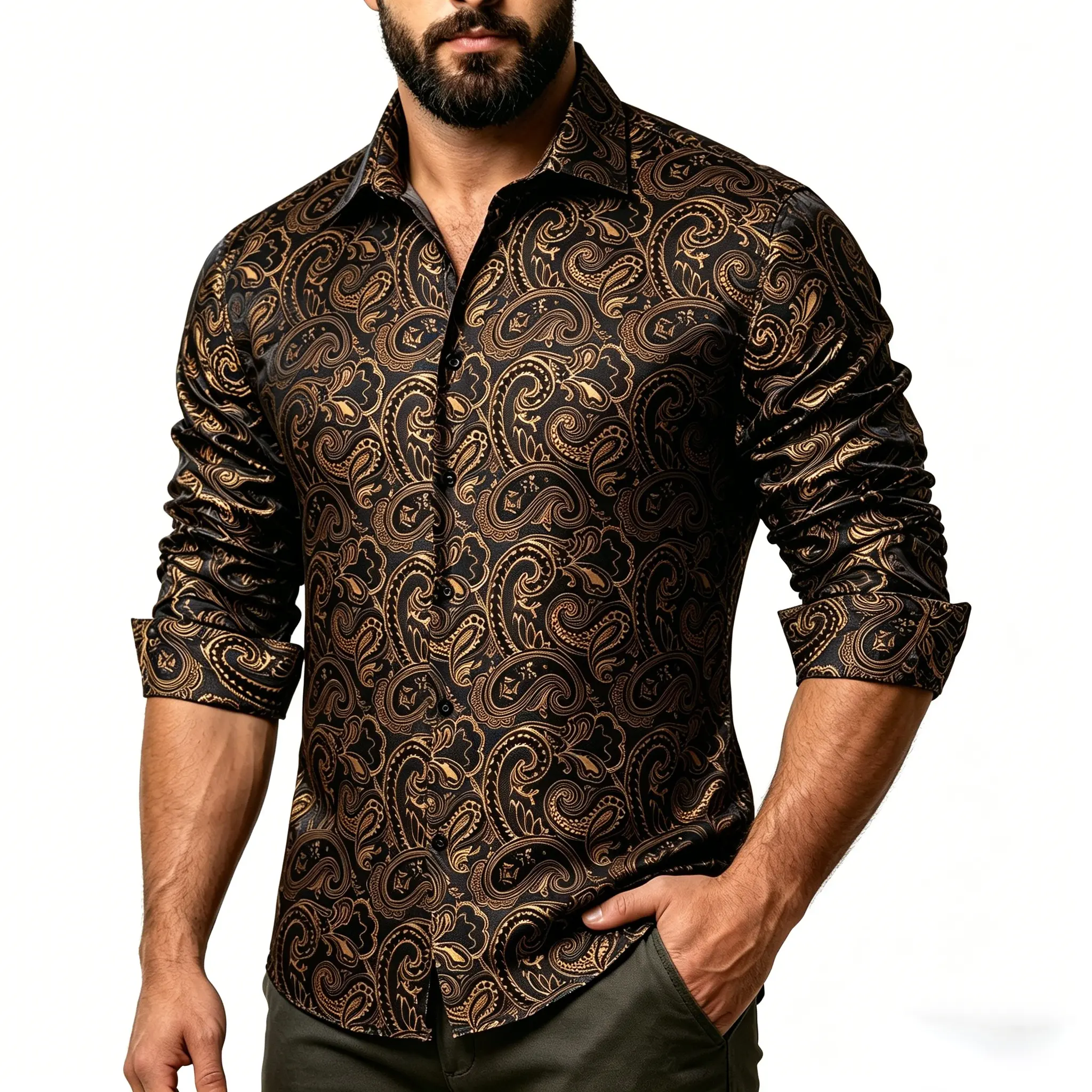 AILISUS Men's Paisley Black Gold Jacquard Long Sleeve Dress Shirt Plus Size  Breathable Anti-wrinkle Button Down Prom Shirt Luxury Formal Casual Shiny  Soft Stylish Regular-Fit Business Tops New In - TikTok Shop