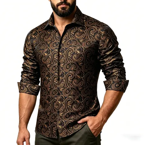 Ailisus Men's Luxury Paisley Jacquard Fabric Dress Shirt - Chic Retro Slim-Fit Long Sleeve Button-Down, Anti-Wrinkle, Basic, M Size, for Business Casual & Prom, Button Collared Menswear Top