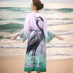 Women's Sheer Belted Kimono Beach Cover Up - Long Sleeve Floral Ombre Kaftan for Summer Vacation,#ResortWear, Poolside Outfits & Beachwear,Shirt-style beach cover-up, vacation bikini sunscreen shirt