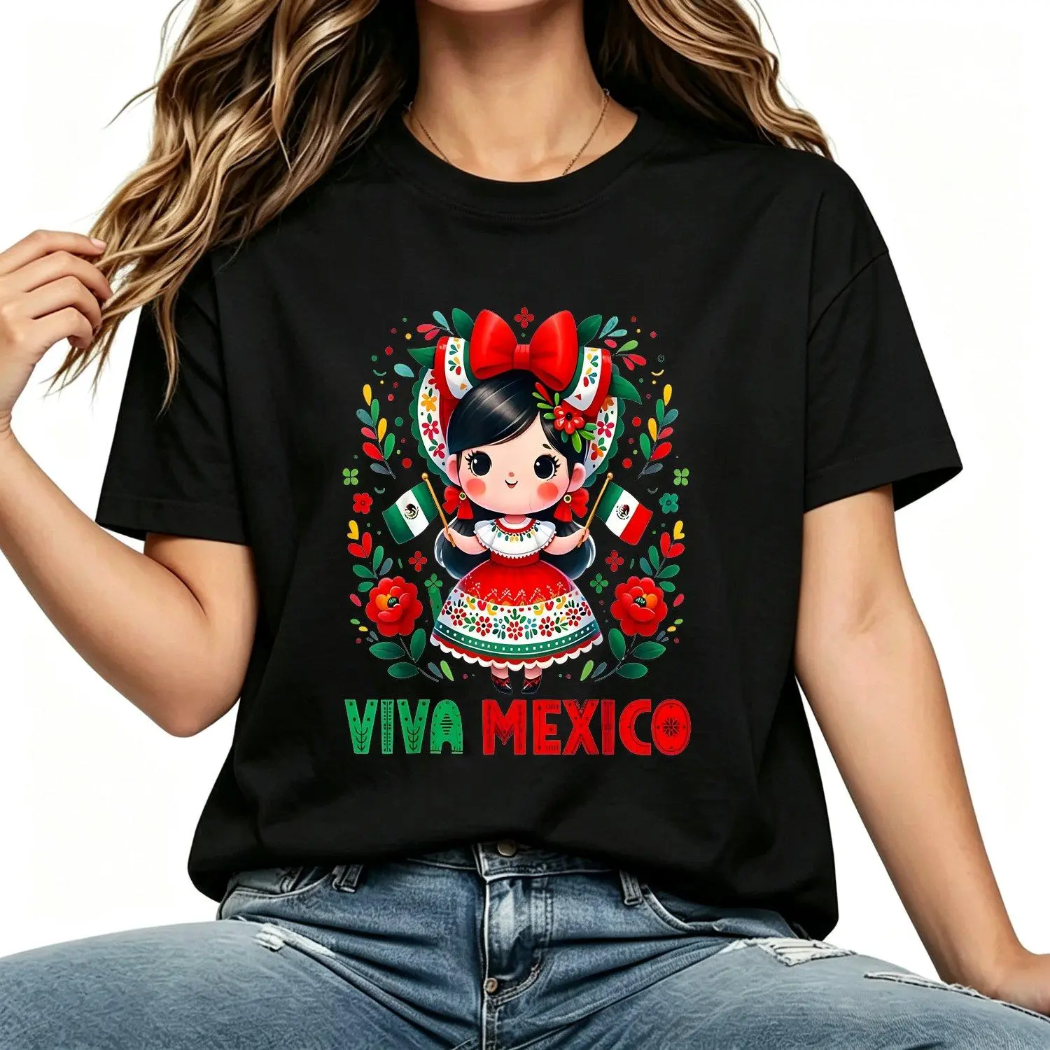 Viva Mexico Girl Mexican Independence Day Pattern T Shirt Women Comfortable Short Sleeve Crew Neck Tee Summer Outdoor Lightweight Breathable Trendy