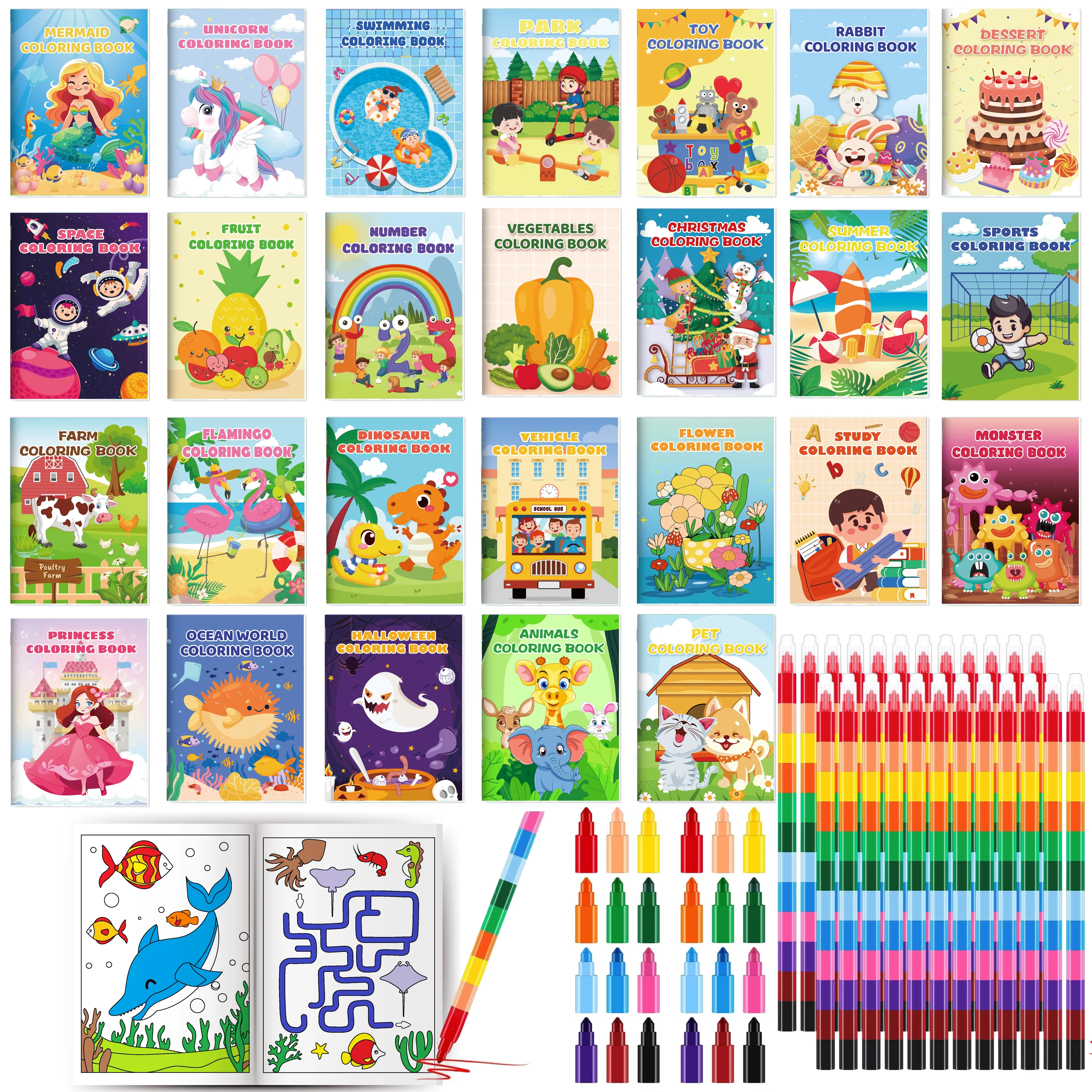 Kids' Mini Coloring Book Set (26-Pack) - Includes 24 Stacking Crayons, Bulk Birthday Party Favors, School Classroom Supplies