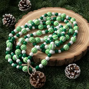 10ft Christmas Wooden Bead Garland, Green White Christmas Tree Peppermint Swirl Candy Bead Garland Ornament, Rustic Farmhouse  Decor for Holiday Party Supplies(Green, White, Candy)
