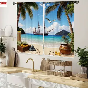 2D Flat 2Pcs Tropical Beach Scene with Sailing Ships and Palm Trees, Coastal Vibes Decor, High-Quality Printing, Realistic Artistic Design, All-Season Window Curtains for Home Living Room Bedroom Kitchen Balcony Garden