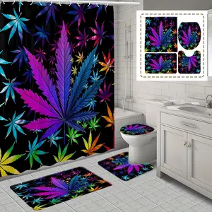 Leaf Pattern Shower Curtain with Hooks, 1 Count Colorful Bathroom Curtain and 1 Count U-shaped Mat and 1 Count Toilet Lid Cover and 1 Count Bath Mat, Bathroom Decor Supplies