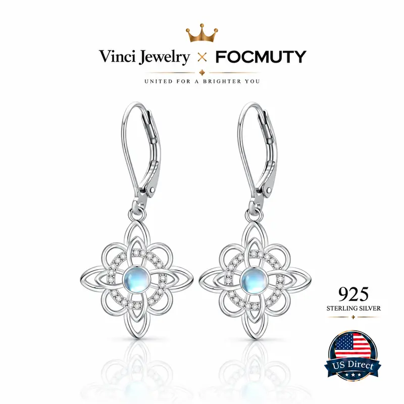 FOCMUTY 925 Sterling Silver Witch Knot Earrings Synthetic Moonstone & Cubic Zirconia Dangle Earring, 925 Plata Aretes de Nudo de Bruja con Piedra Luna