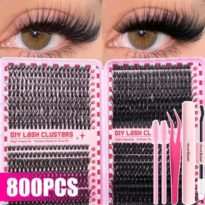 DIY Eyelash Extension Kit, 800Pcs/740Pcs/640Pcs/200Pcs Flase Eyelash Book, Natural Thick Cluster Eyelashes, D Curl Individual Lashes with Tweezers and Eyelash Brush, 9-16mm Mixed Style Eyelash for Beginners, Daily Life, Christmas, Fluffy Eyelash Clusters