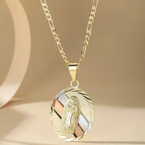 Tri-Color Gold Our Lady of Guadalupe Necklace Virgin Mary Pendant for Women Figaro Chain Religious Jewelry for Protection & Faith Elegant Design