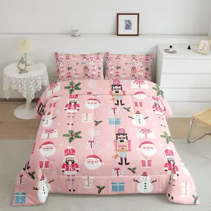 Pink Christmas Nutcracker Decorative Comforter Set,Xmas Cartoon Santa Claus Duvet Quilt,New Year Festival Snowman Snowflake Bedding Set