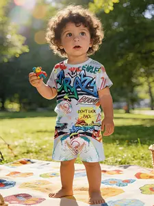 Street graffiti "CRAZY" printed T-shirt digital printing infant short-sleeve set, baby casual children's clothing, suitable for daily and outdoor sports. The T-shirt is 100% polyester, a perfect gift for infants and young children!