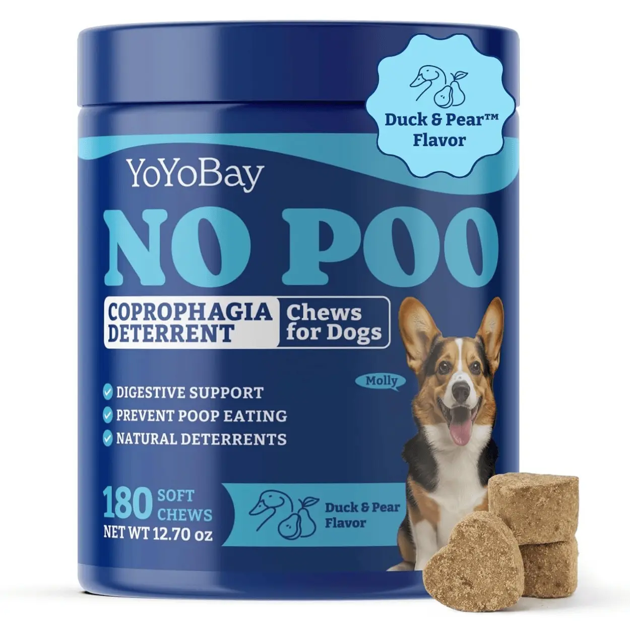 No Poo Chews for Dogs, Coprophagia Deterrent, Stool Eating Deterrent - with Probiotics, Fiber Blend, Natural Deterrent - Digestive Health & Immune Support - 180 Soft Treat Chews, Duck & Pear Flavor