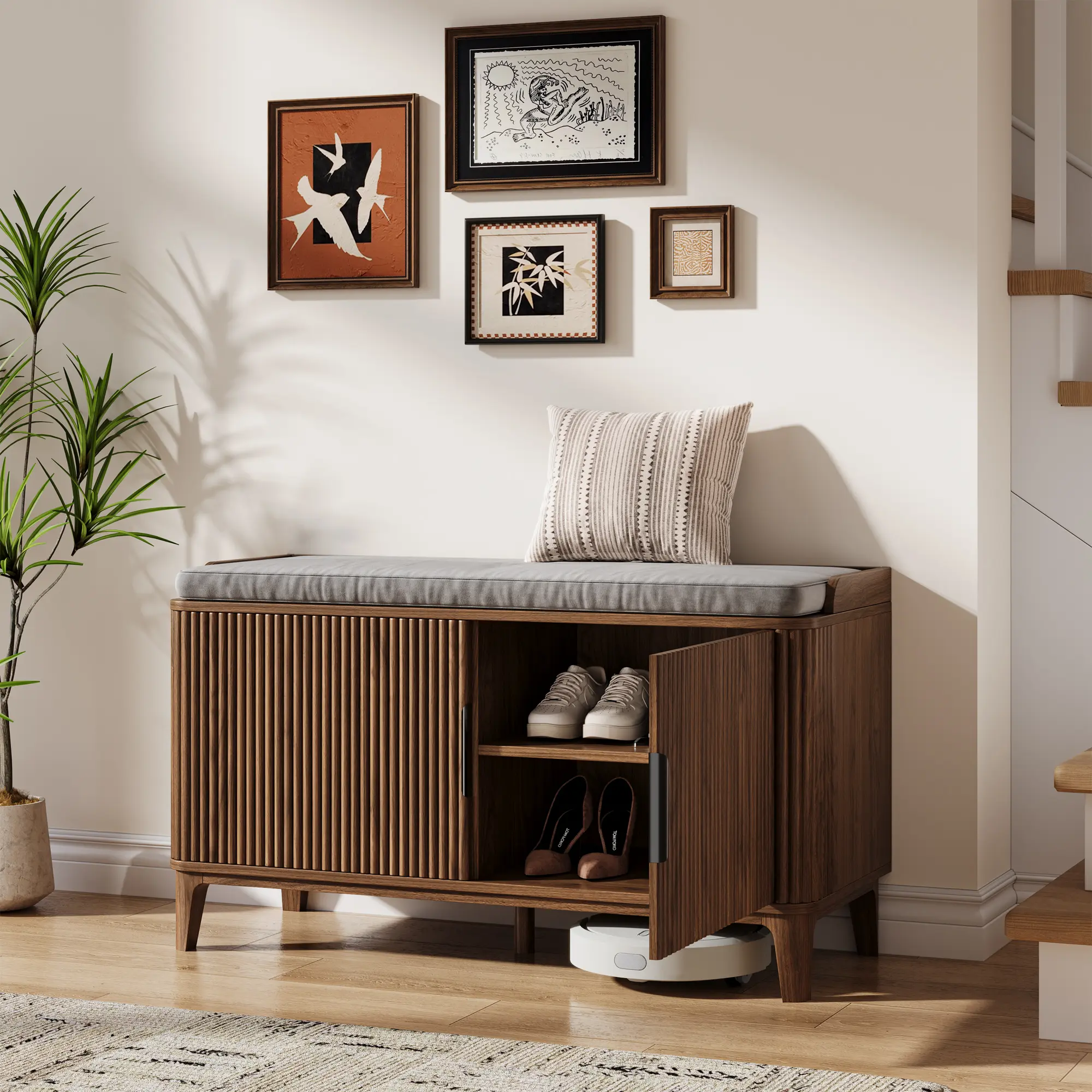39.4" Fluted Shoe Cabinet Storage with Bench, 2-Tier Entryway Bench with Adjustable Shelves and Detachable Cushioned Seat, Shoe Organizer Bench Cabinet for Entryway, Living Room, Hallway - Natural