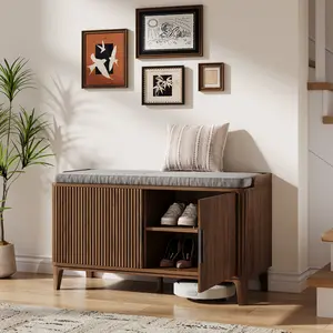 39.4" Fluted Shoe Cabinet Storage with Bench, 2-Tier Entryway Bench with Adjustable Shelves and Detachable Cushioned Seat, Shoe Organizer Bench Cabinet for Entryway, Living Room, Hallway - Natural