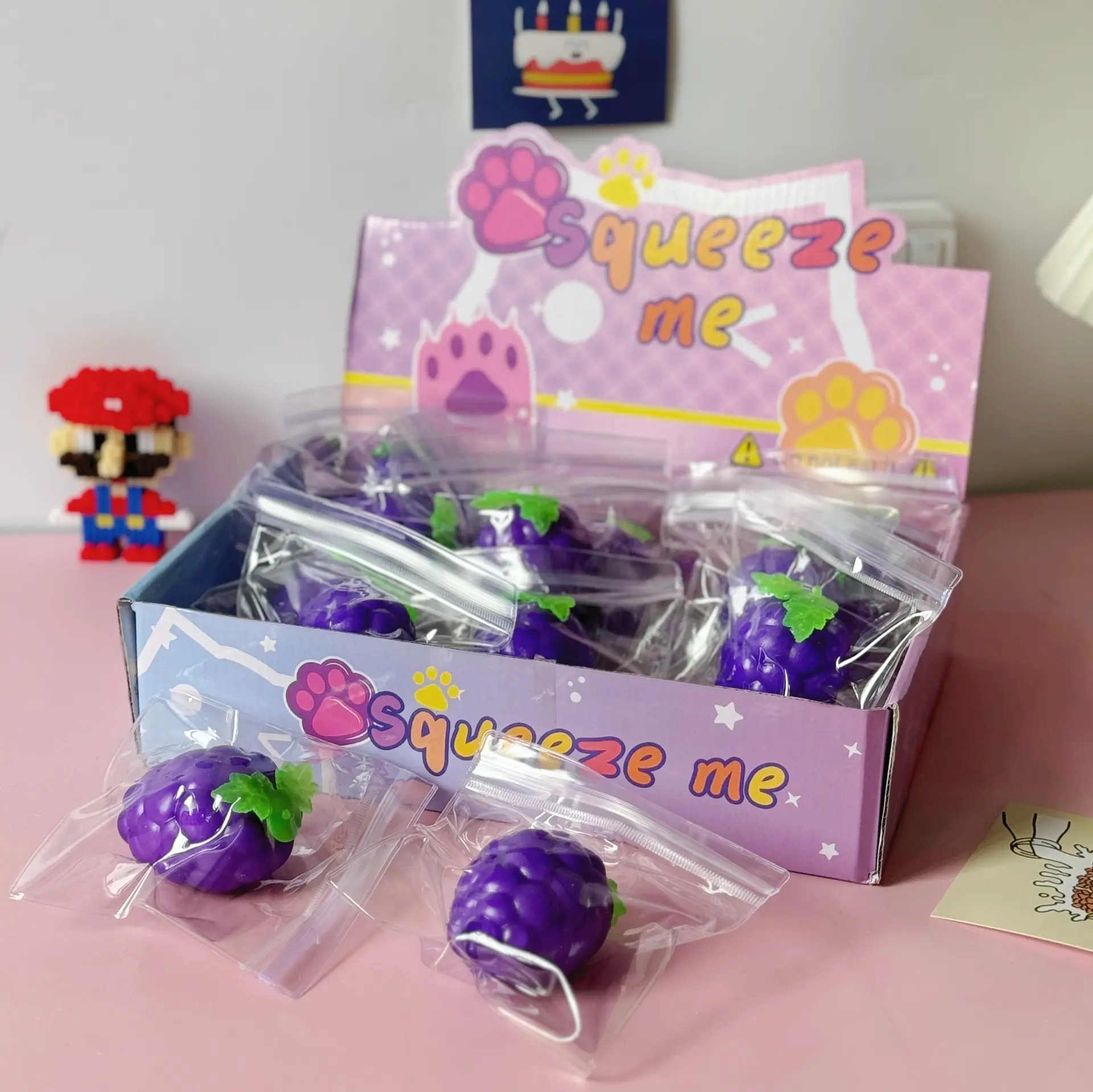 Fruit Grape Squishy Squeeze Fidget Toy, Individual Packed Simulated Grape Squishy, Soft Anxiety Relief Handheld Squishy Toy for Teens Adults Kids Party Favor Gift