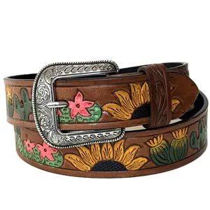 Western Handpainted Genuine Leather Embossed Belt with Changeable Buckle Featuring Unique Sunflower Design