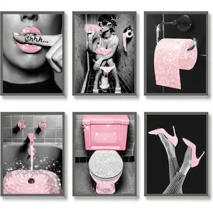 Fashion wall art set of 6 pink Glam Glitter tissue canvas posters-modern women themed bathroom artwork (8 "x 10" Unframed)