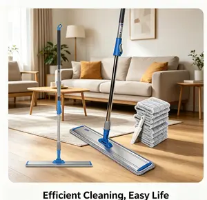 24in Heavy Duty Microfiber Flat Floor Mop Adjustable Handle With 4 Reusable Washable Mop Pads For Home Cleaning